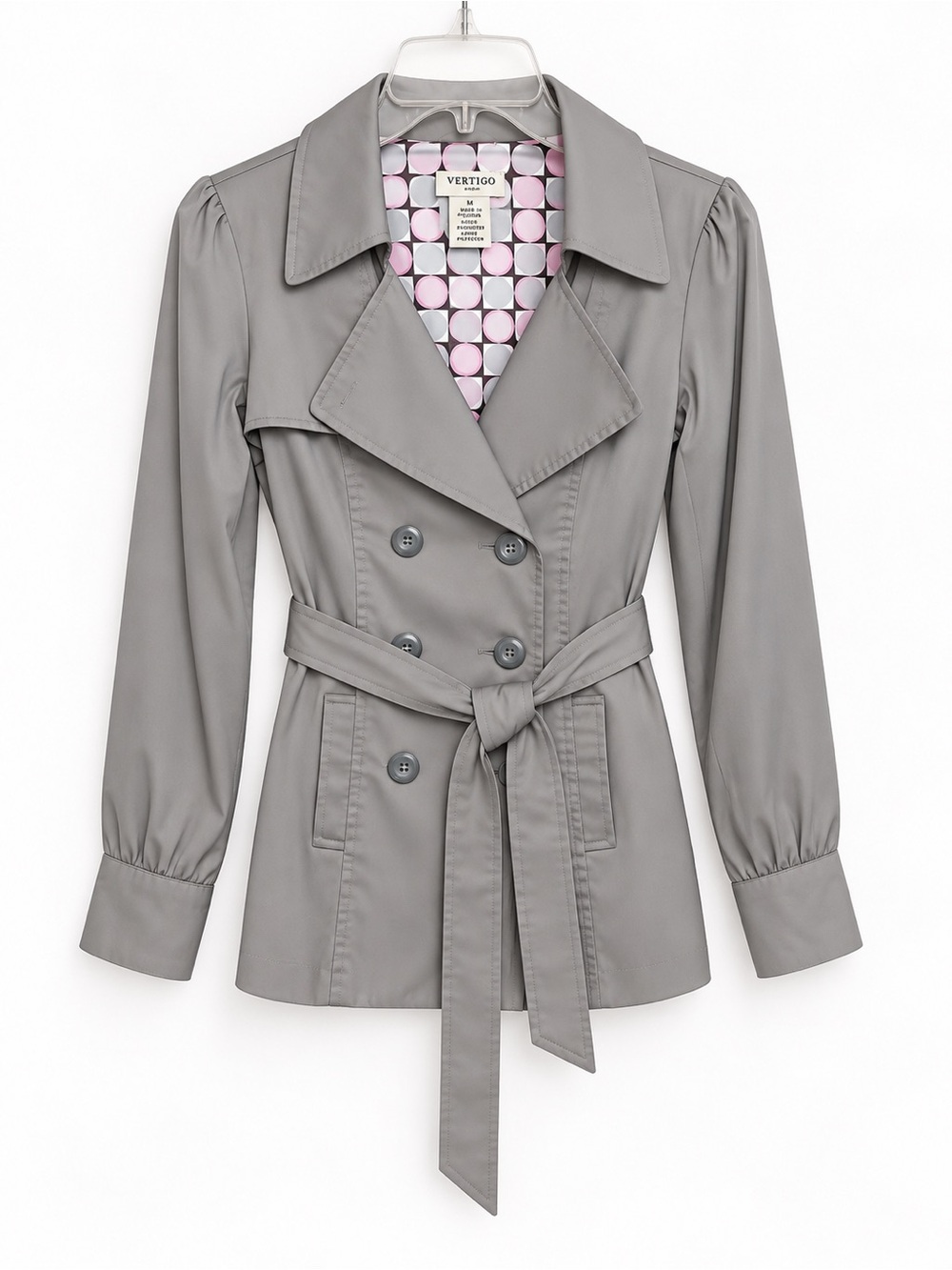 Vertigo Paris Women’s Gray Trench Coat Jacket Size Medium Belted Double Breasted